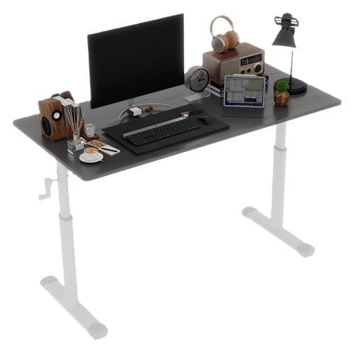 Bureau Réglable 120x60x60-90 Cm, Manivelle Assis Ou Debout, Double Colonne, Métal, Bois, Gris+blanc