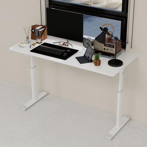 Bureau Réglable 120x60x60-90 Cm, Manivelle De Réglage, Métal Et Bois, Couleur Blanche