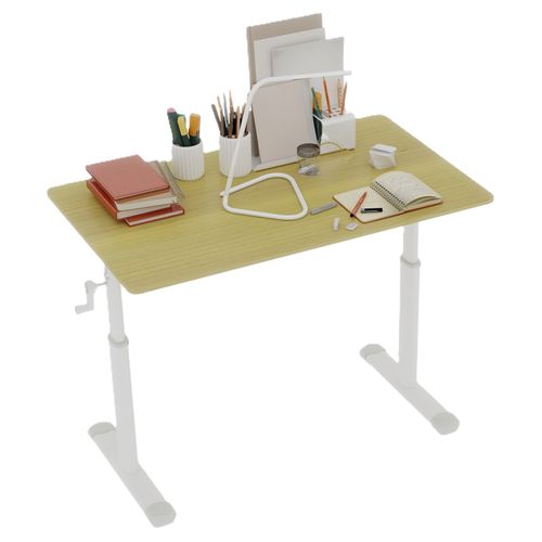Bureau Réglable 100x60x60-90 Cm, Réglage Manuel Par Manivelle, Métal Et Bois, Couleur Bois+blanc
