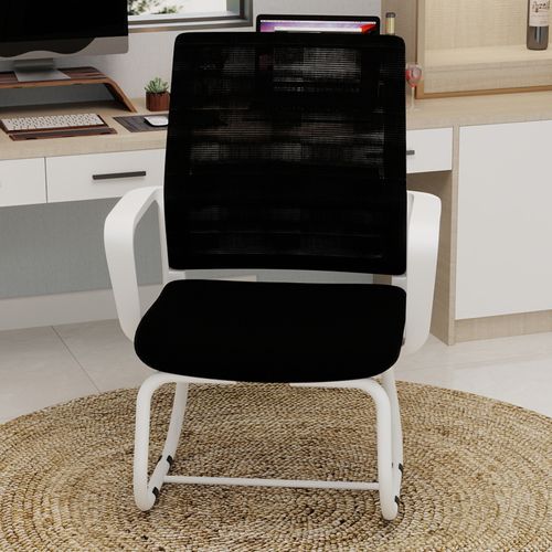 Fauteuil De Bureau 45x55x90 Cm, Dossier En Maille, Accoudoirs, Cadre Métal, Bois, Couleur Noir+blanc