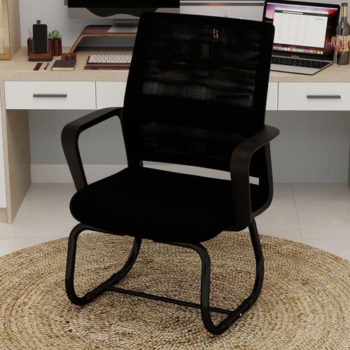 Fauteuil De Bureau 45x55x90 Cm, Dossier En Maille Respirante, Structure Métal Et Bois, Tissu Noir