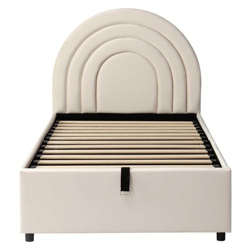 Lit Coffre 90x200 Cm, Rangement Hydraulique, Revêtement Velours, Couleur Beige, Tête De Lit