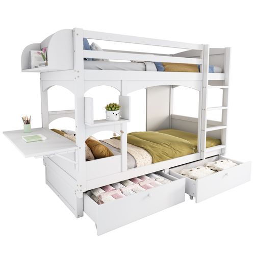 Lit Superposé Enfant 90x200 Cm, Bureau Rabattable Et Rangements, 2 Tiroirs, Échelle, Bois, Blanc