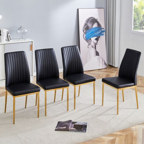 Lot De 4 Chaises De Salle à Manger, Dossier Ergonomique, Métal Et Pu, Noir+doré