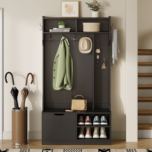 Vestiaire100x40x185,5cm, Rangement à Chaussures, Banquette, 6 Crochets, Aggloméré, Noir
