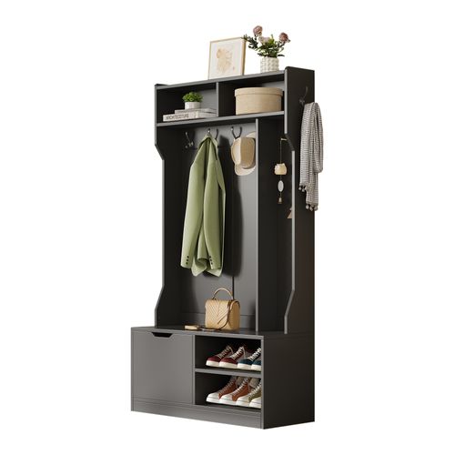 Vestiaire100x40x185,5cm, Rangement à Chaussures, Banquette, 6 Crochets, Aggloméré, Noir