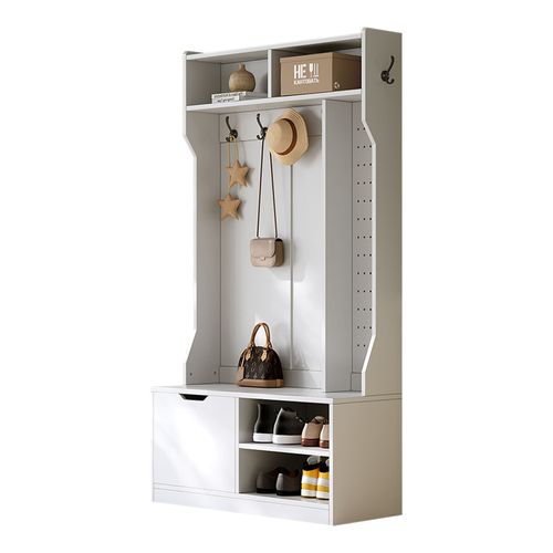 Vestiaire100x40x185,5cm, Rangement à Chaussures, Banquette, 6 Crochets, Aggloméré, Blanc