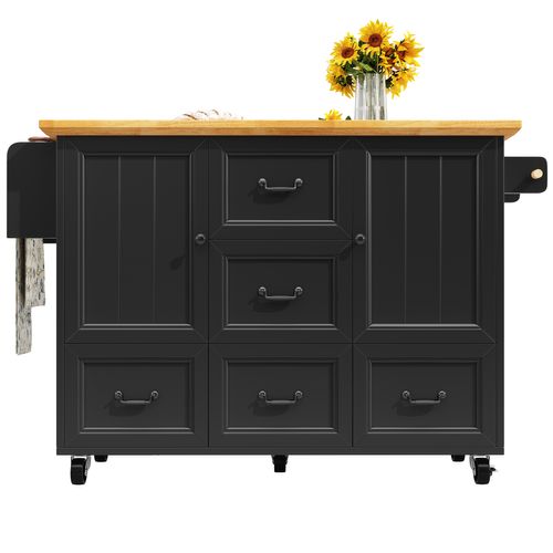 Îlot De Cuisine 140x45/73x93 Cm, Plateau Rabattable, Rangement, Roulettes, Mdf, Métal, Noir+bois