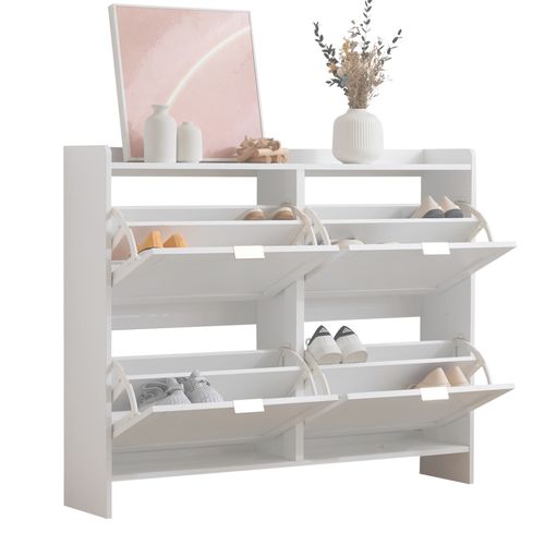 Meuble à Chaussures 110x24x90 Cm, Façades à Clapet Avec Étagères, Panneau De Particules, Blanc