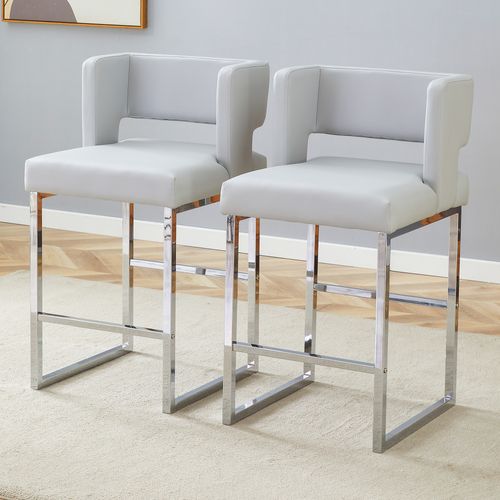 Lot De 2  Tabouret De Bar 53x48x91 Cm, Chaise Haute, Pieds En Métal Argenté, Pu Gris Clair