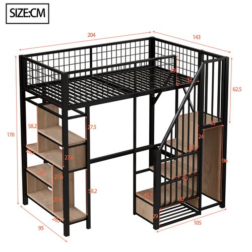 Lit Mezzanine 90x200 Cm, Escalier Avec Rangement Et Espace Dessous Optimisé, Métal Et Bois, Noir