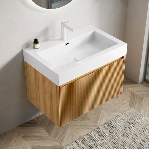 Meuble Vasque Suspendu 70x46x50cm, Vasque Intégrée Résine Blanche, Façade Bois, Couleur Bois+blanc