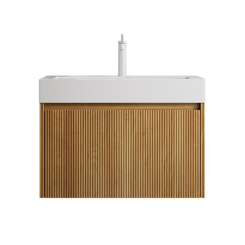 Meuble Vasque Suspendu 70x46x50cm, Vasque Intégrée Résine Blanche, Façade Bois, Couleur Bois+blanc