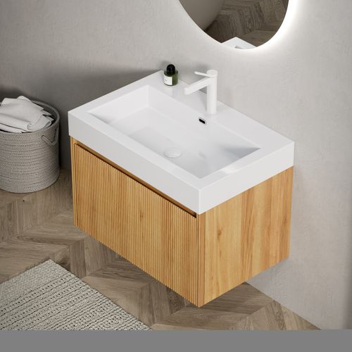 Meuble Vasque Suspendu 70x46x50cm, Vasque Intégrée Résine Blanche, Façade Bois, Couleur Bois+blanc