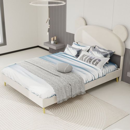 Lit Enfant 140x200 Cm, Tête Thème Dessin Animé Garnie, Rangement, Tissu Et Métal, Beige