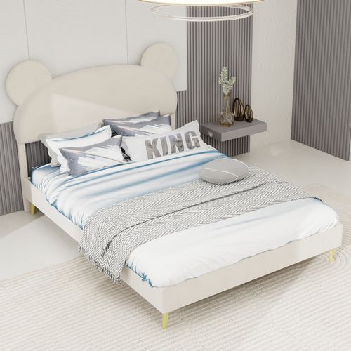 Lit Enfant 140x200 Cm, Tête Thème Dessin Animé Garnie, Rangement, Tissu Et Métal, Beige