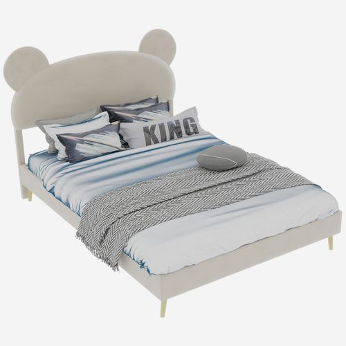 Lit Enfant 140x200 Cm, Tête Thème Dessin Animé Garnie, Rangement, Tissu Et Métal, Beige