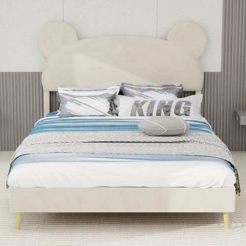 Lit Enfant 140x200 Cm, Tête Thème Dessin Animé Garnie, Rangement, Tissu Et Métal, Beige