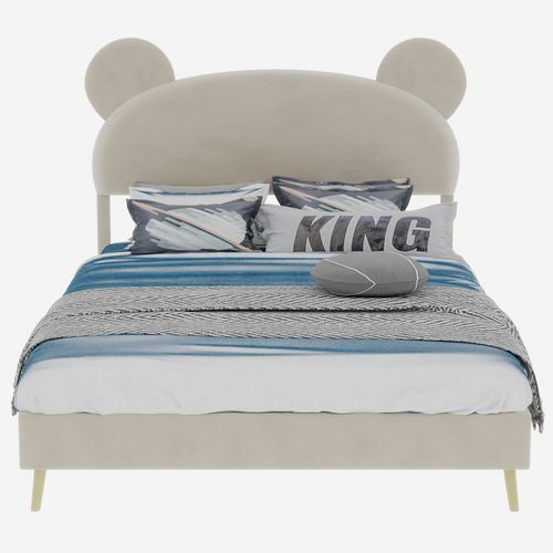 Lit Enfant 140x200 Cm, Tête Thème Dessin Animé Garnie, Rangement, Tissu Et Métal, Beige