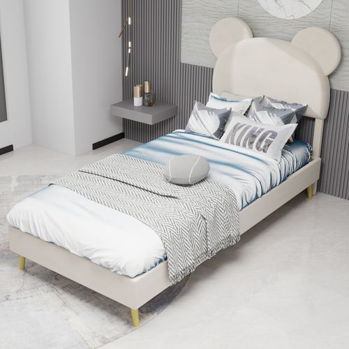 Lit Enfant 90x200 Cm, Tête De Lit Dessin Animé, Rangement Pneumatique, Métal Et Tissu, Beige