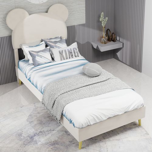 Lit Enfant 90x200 Cm, Tête De Lit Dessin Animé, Rangement Pneumatique, Métal Et Tissu, Beige