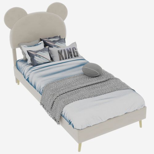 Lit Enfant 90x200 Cm, Tête De Lit Dessin Animé, Rangement Pneumatique, Métal Et Tissu, Beige