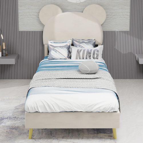 Lit Enfant 90x200 Cm, Tête De Lit Dessin Animé, Rangement Pneumatique, Métal Et Tissu, Beige