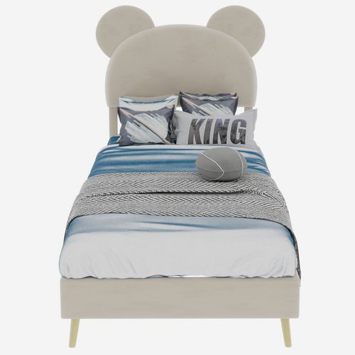 Lit Enfant 90x200 Cm, Tête De Lit Dessin Animé, Rangement Pneumatique, Métal Et Tissu, Beige