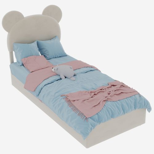 Lit Coffre 90x200 Cm, Tête Dessin Animé Ludique Design Enfant Et Coffre à Vérins, Tissu Beige, Métal