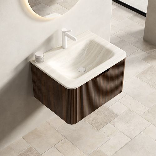 Meuble Vasque Mural 60x46x37.5 Cm, Vasque Intégrée En Pierre Frittée, Design Incurvé, Brun+beige