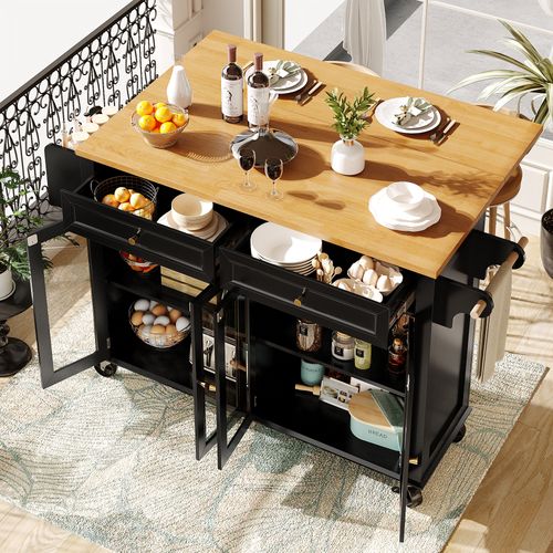 Îlot De Cuisine 140x72,5x90 Cm, 2 Tiroirs, 4 Portes, Étagère, Roulettes Et Frein, Mdf, Noir+bois