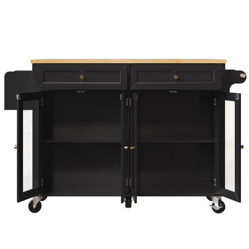 Îlot De Cuisine 140x72,5x90 Cm, 2 Tiroirs, 4 Portes, Étagère, Roulettes Et Frein, Mdf, Noir+bois