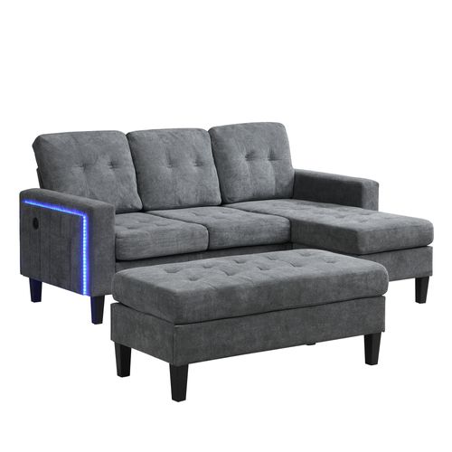 Canapé D'angle Modulable 3 Places 156x115 Cm, Pouf Mobile, Poches Latérales, Chenille, Couleur Gris