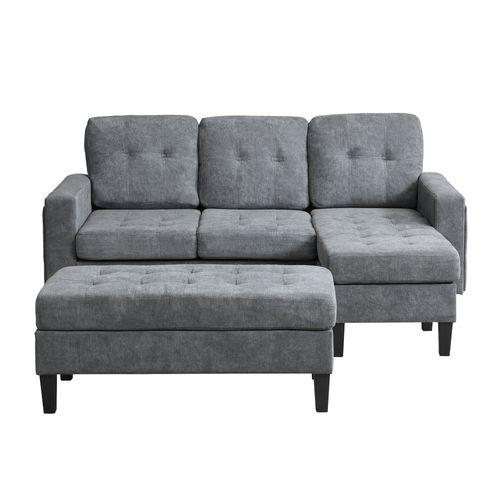 Canapé D'angle Modulable 3 Places 156x115 Cm, Pouf Mobile, Poches Latérales, Chenille, Couleur Gris