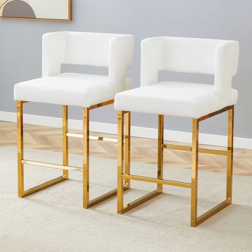Lot De 2  Tabouret De Bar 53x48x91 Cm, Chaise Haute, Pieds En Métal Doré, Pu Blanc