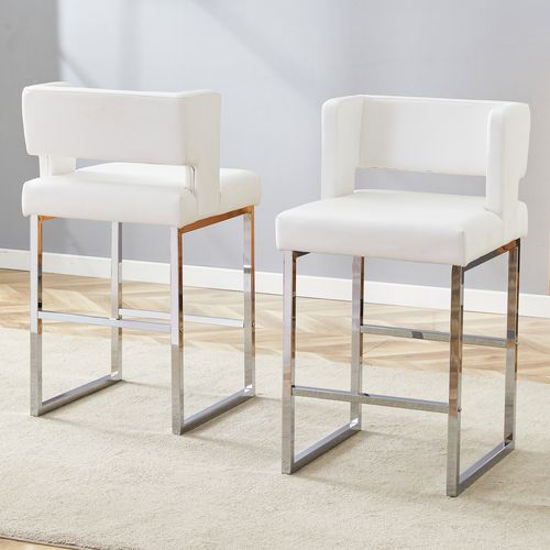 Lot De 2  Tabouret De Bar 53x48x91 Cm, Chaise Haute, Pieds En Métal Argenté, Pu Blanc
