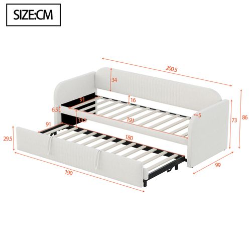 Lit Gigogne 90/180x190 Cm, Convertible Hydraulique, Structure Métal, Tissu Lin Respirant, Beige