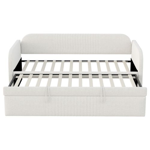 Lit Gigogne 90/180x190 Cm, Convertible Hydraulique, Structure Métal, Tissu Lin Respirant, Beige