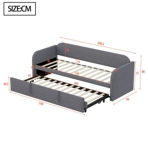 Lit Gigogne 90/180x190 Cm, Convertible Hydraulique, Structure Métal, Tissu Lin Respirant, Gris