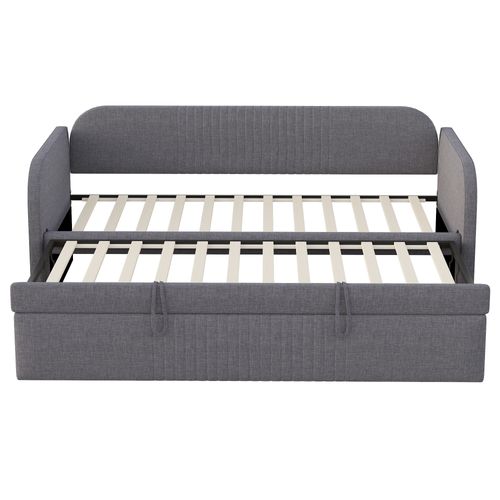 Lit Gigogne 90/180x190 Cm, Convertible Hydraulique, Structure Métal, Tissu Lin Respirant, Gris