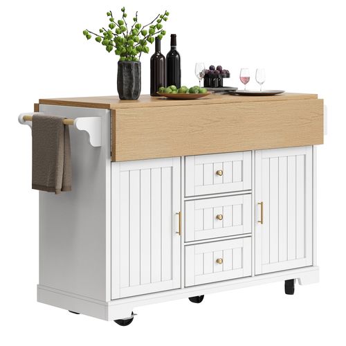 Îlot De Cuisine 142.5x40-80x95 Cm, Plateau Rabattable, Roulettes, Tiroirs, Mdf, Métal, Blanc+bois