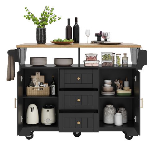 Îlot De Cuisine 142.5x40-80x95 Cm, Plateau Rabattable Double Face, 3 Tiroirs, Mdf, Métal, Noir+bois