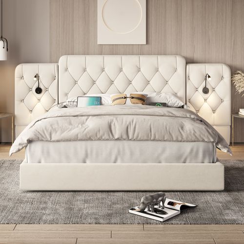 Lit Coffre 180x200cm, Tête De Lit Longue Avec Liseuses Et Ports USB, Velours, Métal, Beige