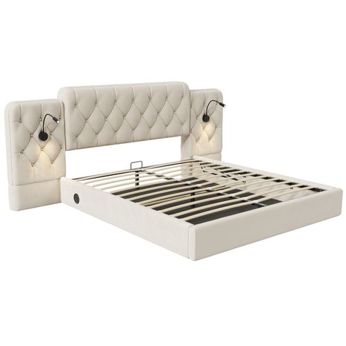 Lit Coffre 180x200cm, Tête De Lit Longue Avec Liseuses Et Ports USB, Velours, Métal, Beige