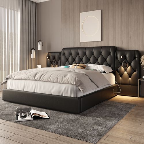 Lit Coffre 180x200cm, Tête De Lit Prolongée, Ports USB, Liseuses, Métal, Cuir Pu, Couleur Noire