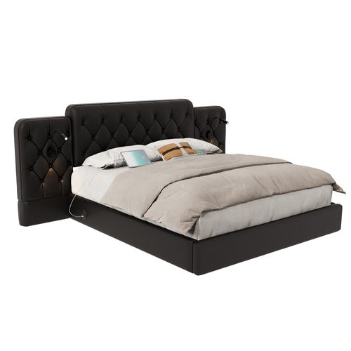 Lit Coffre 180x200cm, Tête De Lit Prolongée, Ports USB, Liseuses, Métal, Cuir Pu, Couleur Noire