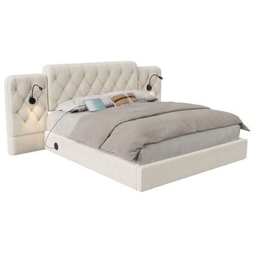 Lit Coffre 160x200 Cm, Tête Longue Avec Lampes Et Prises USB, Rangement Caché, Velours Beige