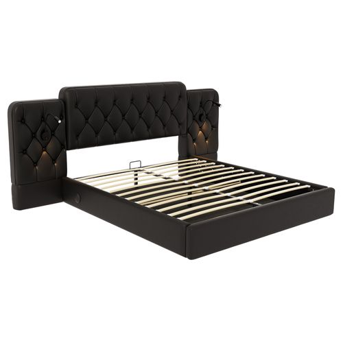 Lit Coffre 160x200cm, Tête De Lit Prolongée Avec Liseuses USB, Rangement Caché, Métal, Cuir Pu, Noir
