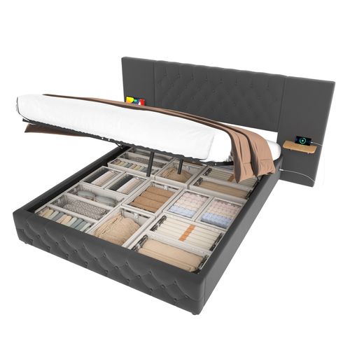 Lit Coffre Double 160x200 Cm, Tête Large Boutonnage Diamant Avec LED Et Ports USB, Velours, Gris