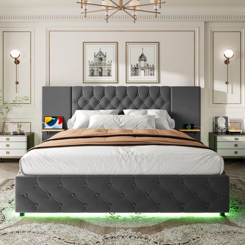 Lit Coffre Double 160x200 Cm, Tête Large Boutonnage Diamant Avec LED Et Ports USB, Velours, Gris